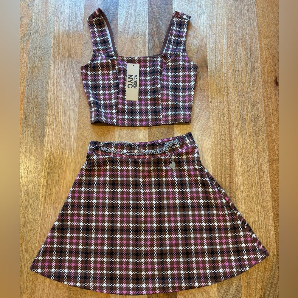 Madden NYC Plaid Two-Piece Set – Size S | Crop Top & A-Line Skirt w/ Chain | NWT